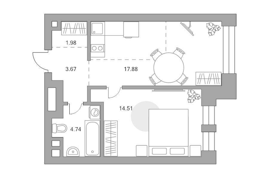 2 ккв (Евро) 42,8 м²