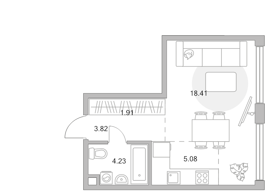 Студия 33,5 м²