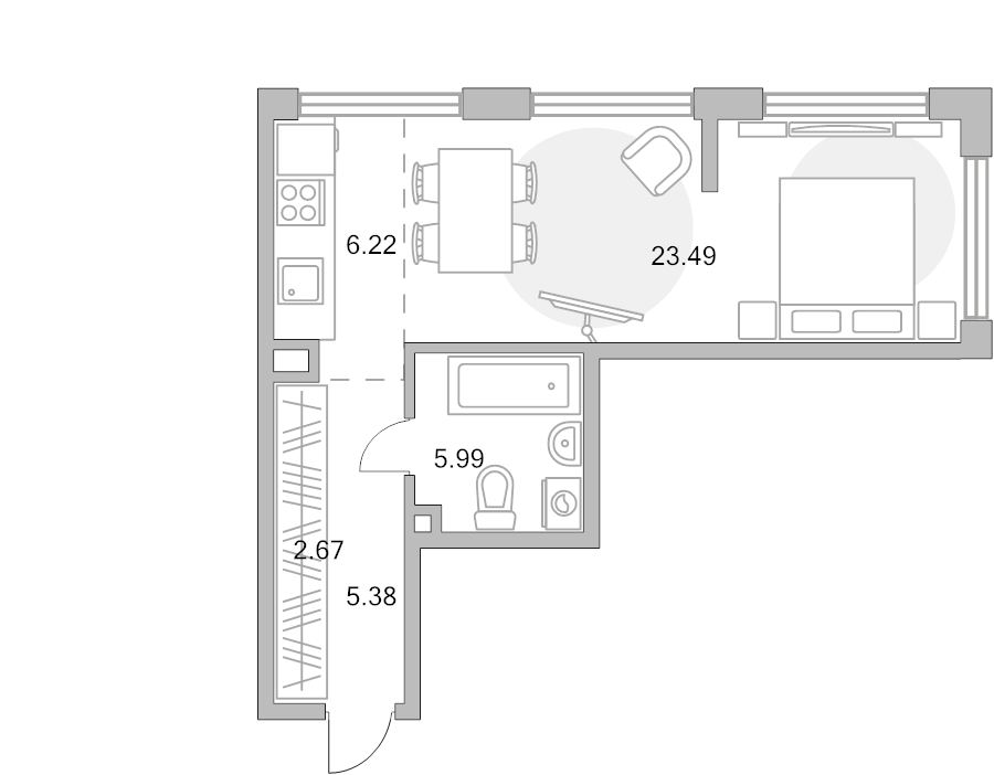 Студия 43,8 м²