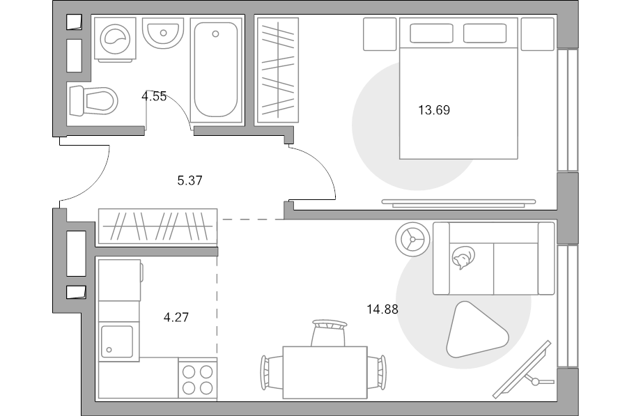 2 ккв (Евро) 42,8 м²