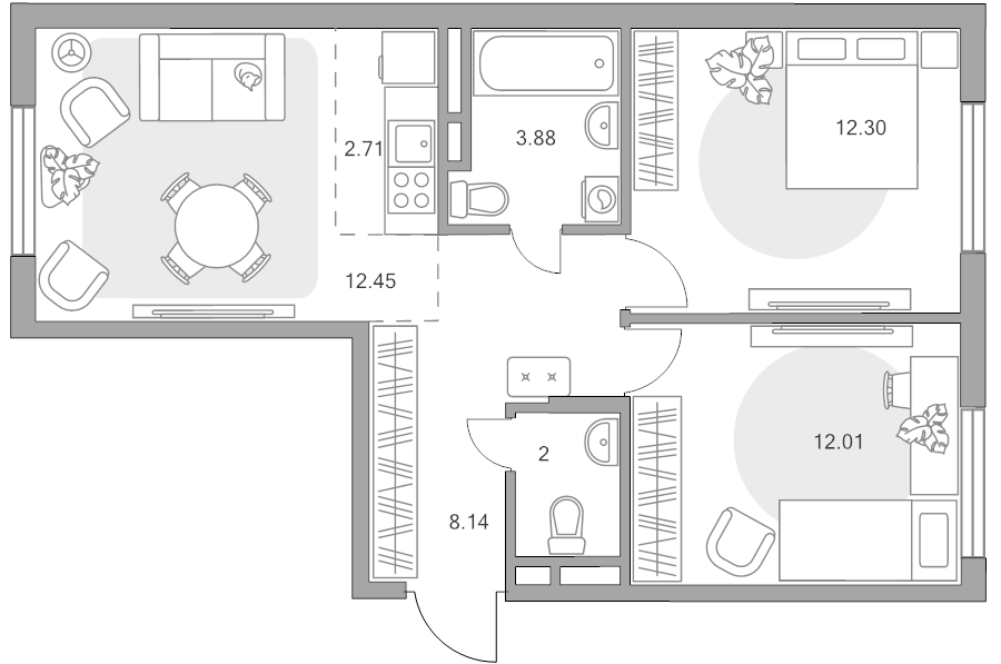 3 ккв (Евро) 53,5 м²