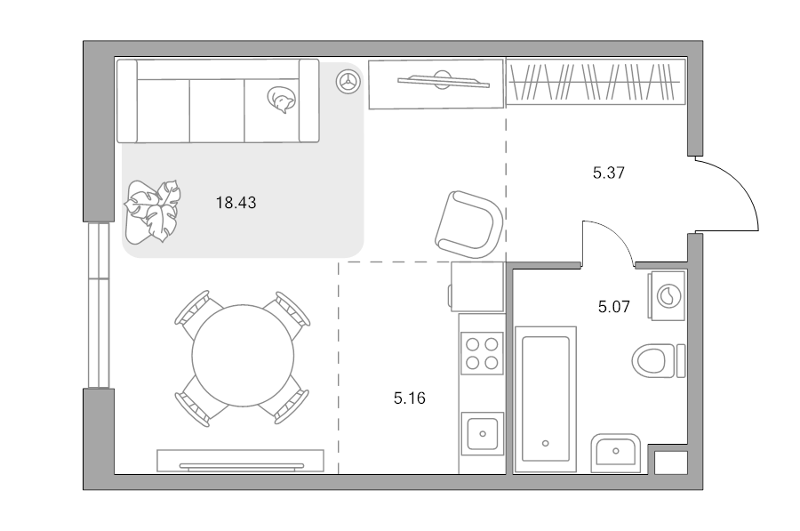 Студия 34 м²
