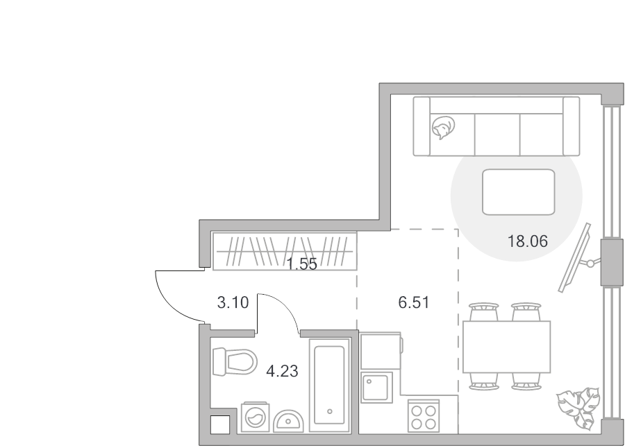 Студия 33,5 м²