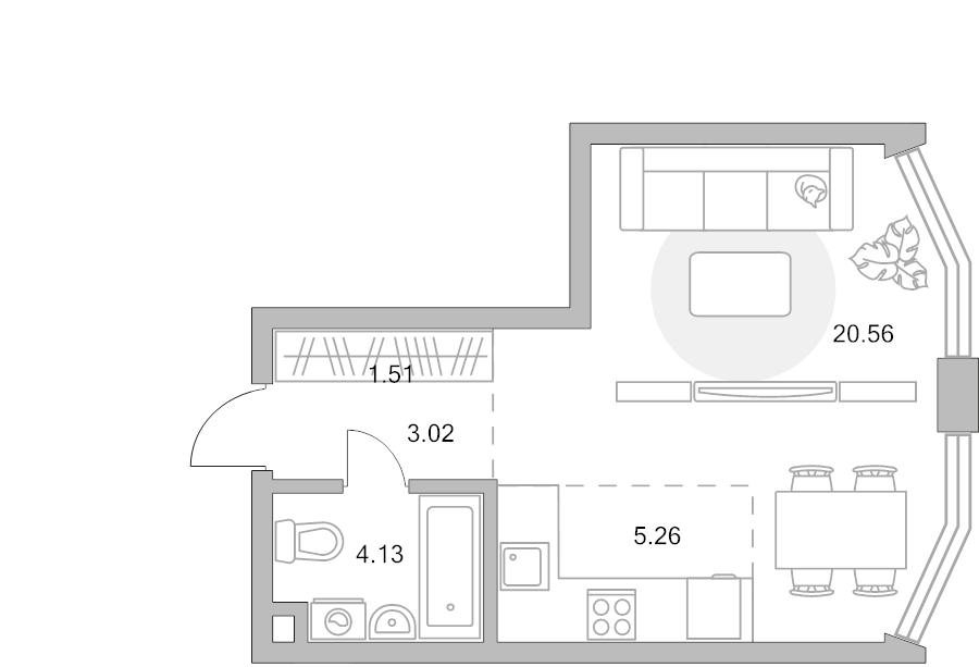 Студия 34,5 м²