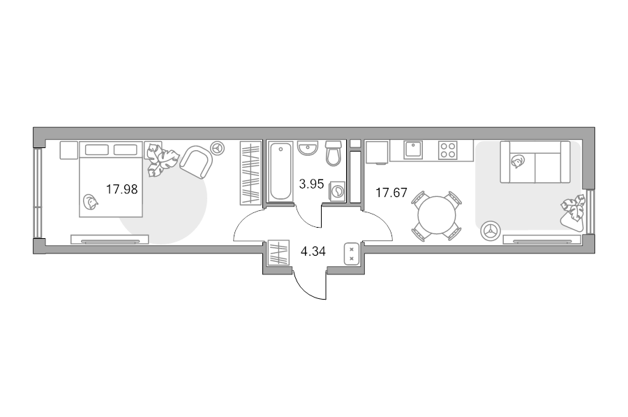 2 ккв (Евро) 43,9 м²
