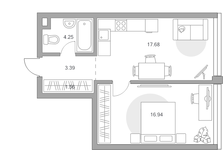 2 ккв (Евро) 43,8 м²