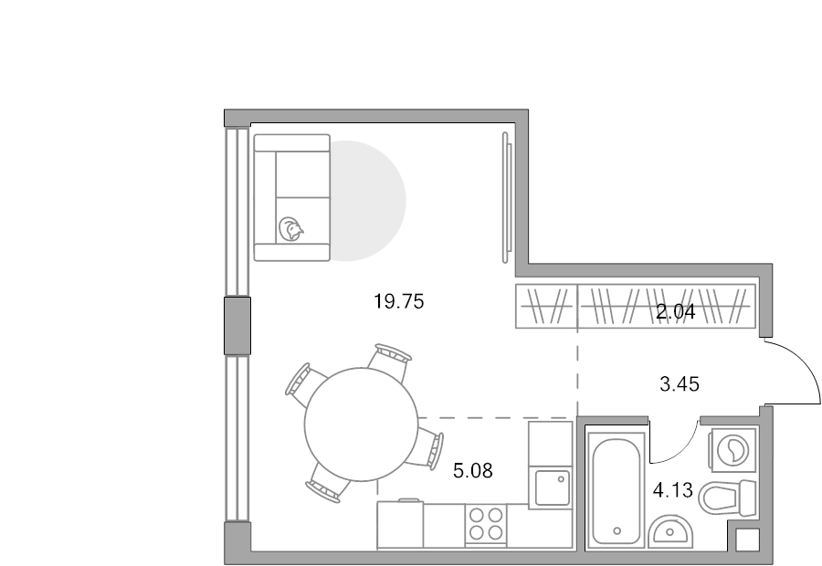 Студия 34,5 м²