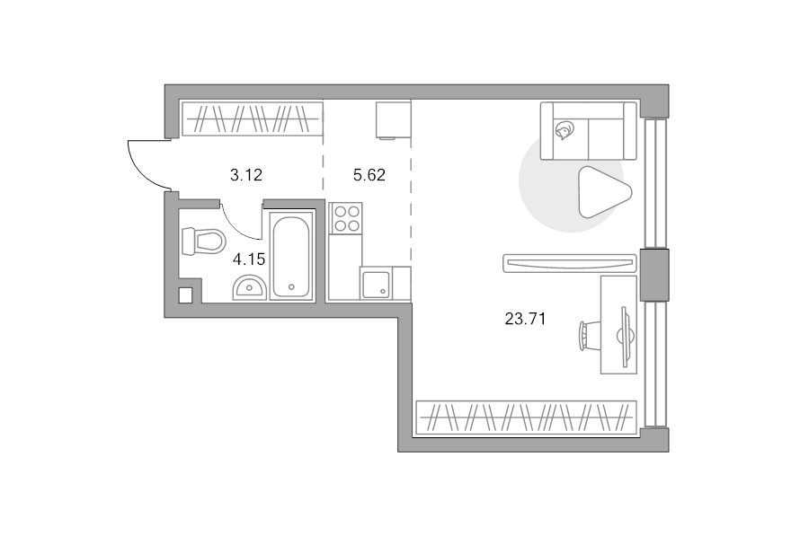 Студия 38,1 м²