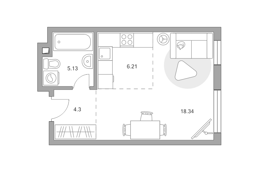 Студия 34 м²