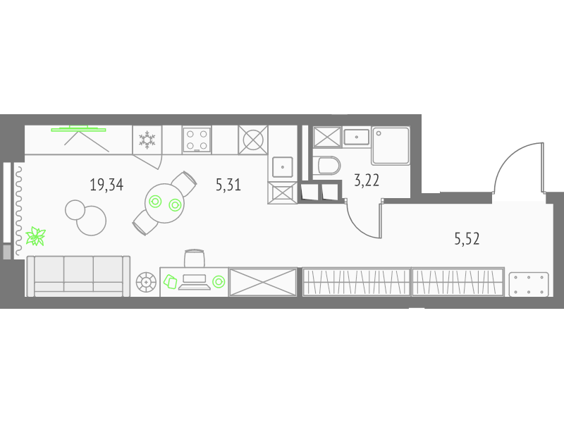 Студия 33,4 м²