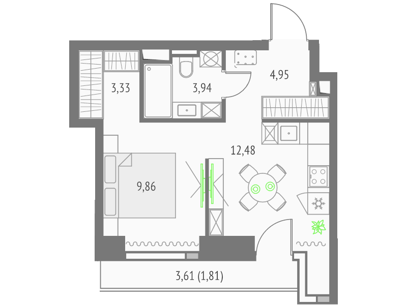 Студия 36,4 м²