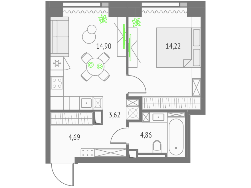 2 ккв (Евро) 42,3 м²