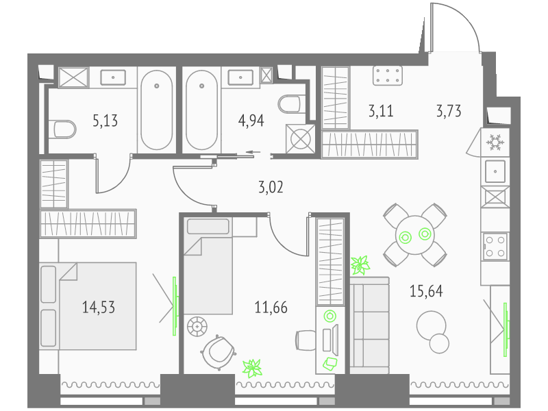 3 ккв (Евро) 61,8 м²