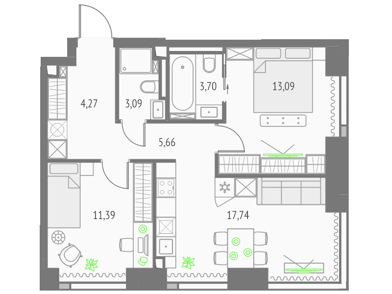 3 ккв (Евро) 58,9 м²