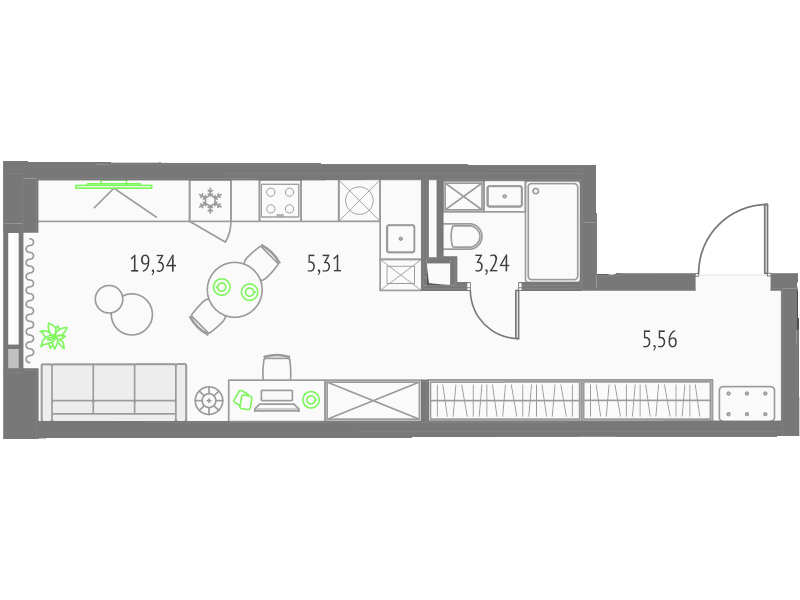Студия 33,4 м²