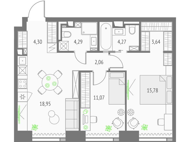 3 ккв (Евро) 64,4 м²