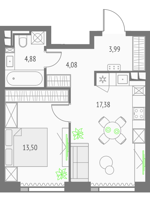 2 ккв (Евро) 43,8 м²