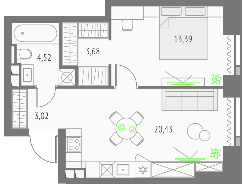 2 ккв (Евро) 45 м²