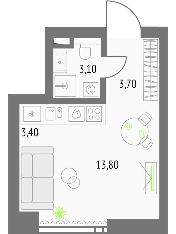 Студия 28 м²