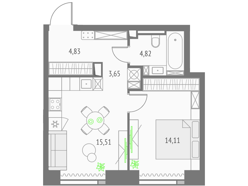 2 ккв (Евро) 42,9 м²