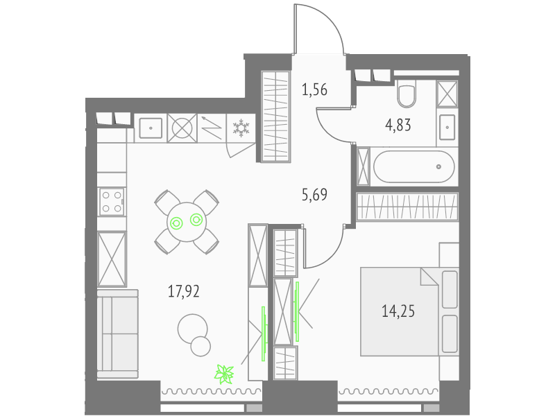 2 ккв (Евро) 44,3 м²