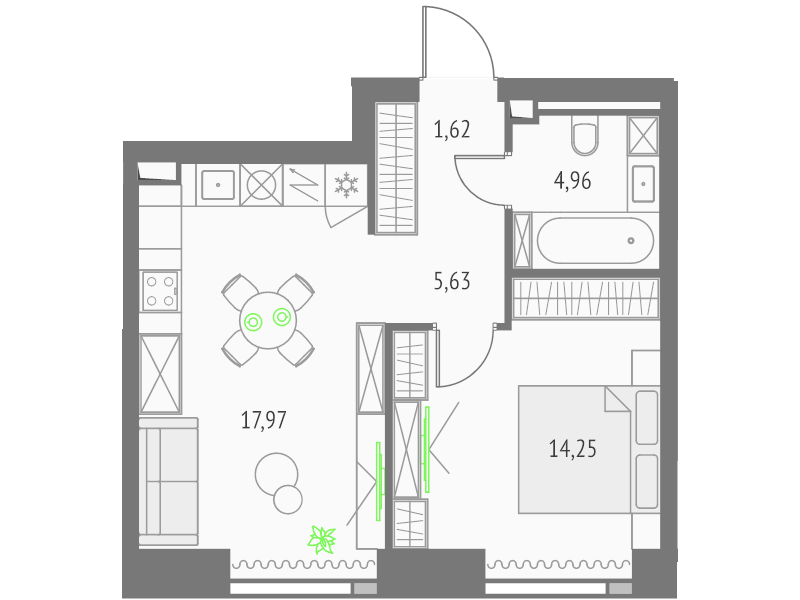 2 ккв (Евро) 44,4 м²