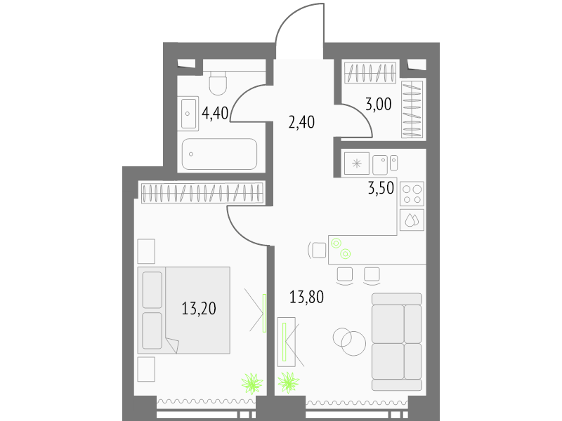 2 ккв (Евро) 40,9 м²