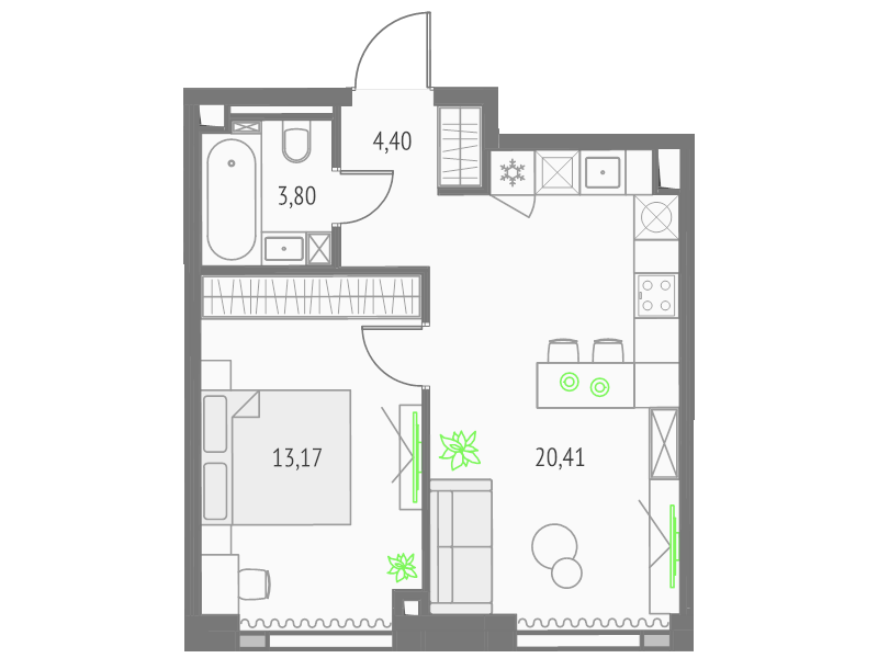2 ккв (Евро) 41,8 м²