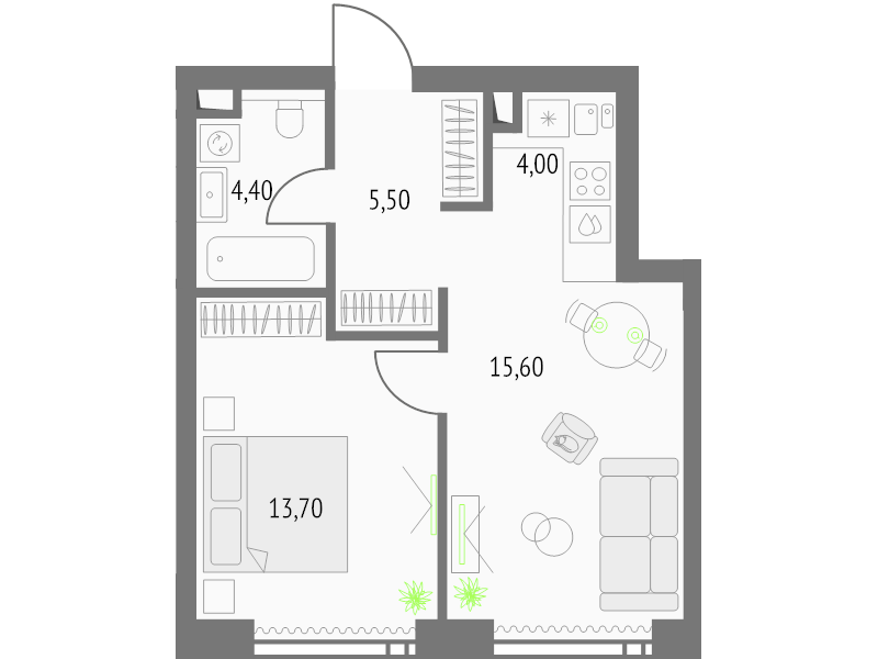 2 ккв (Евро) 44,1 м²