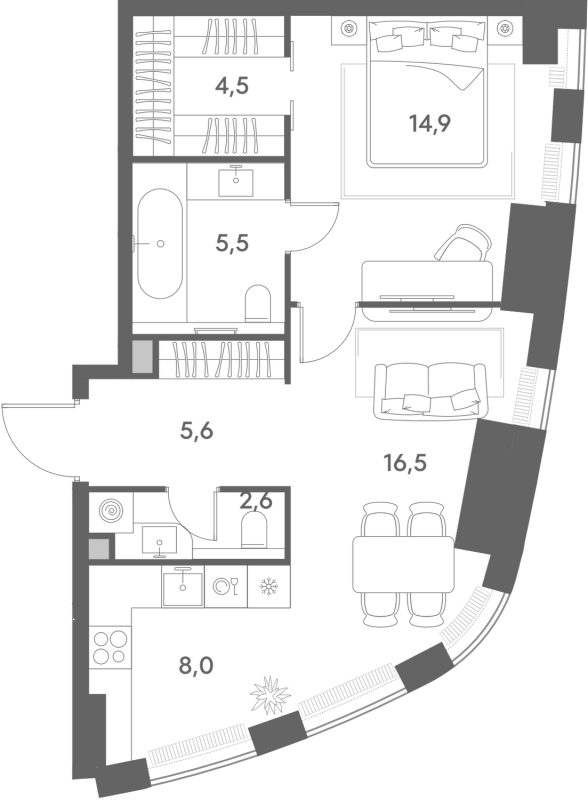 2 ккв (Евро) 57,6 м²