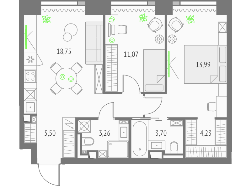 3 ккв (Евро) 64,3 м²