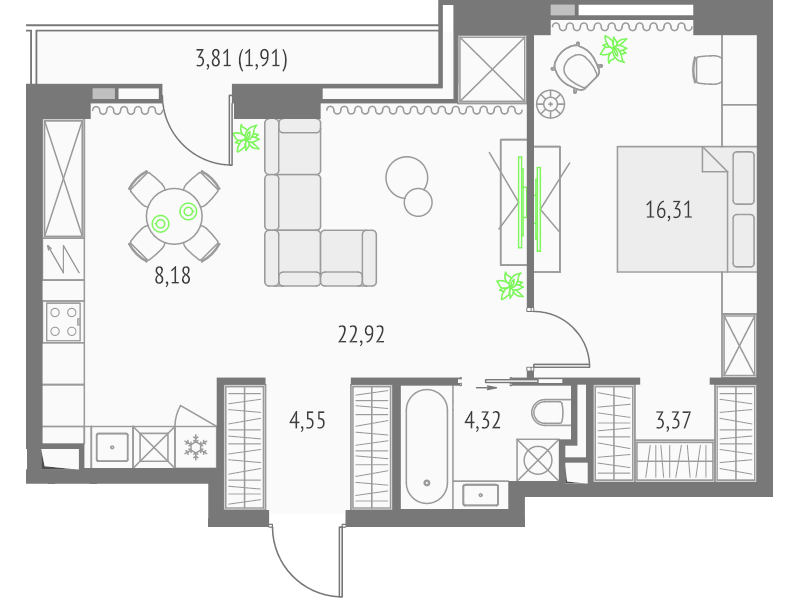2 ккв (Евро) 59,7 м²