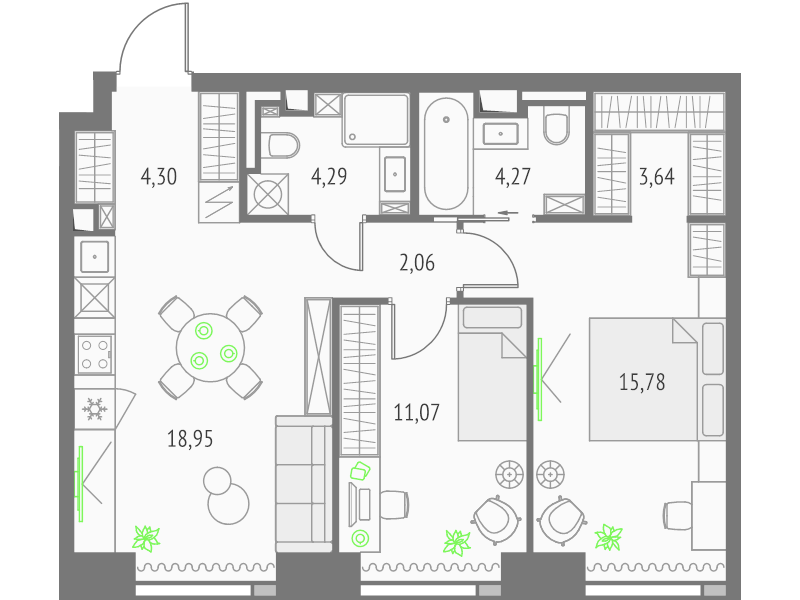 3 ккв (Евро) 64,4 м²
