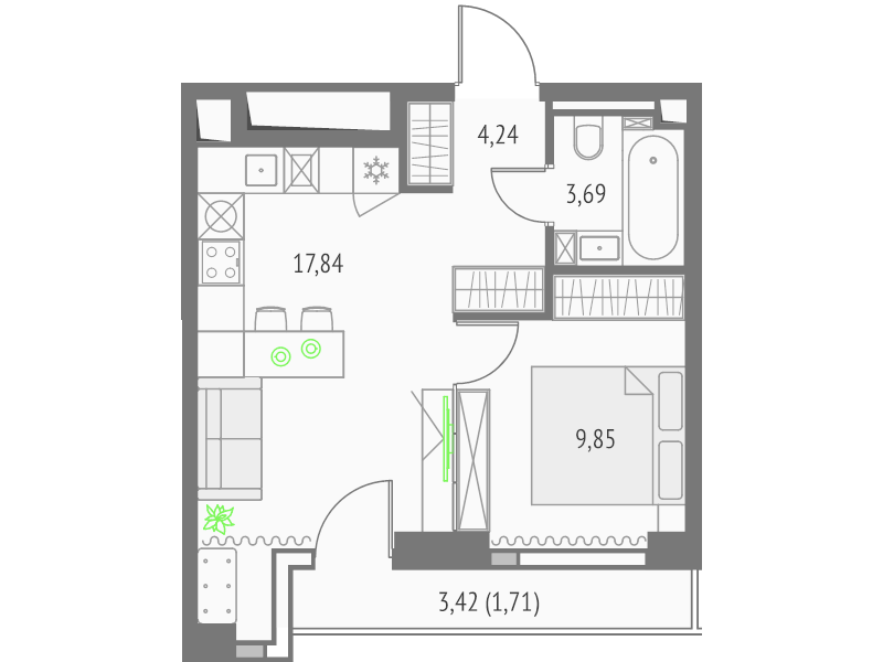 Студия 35,6 м²