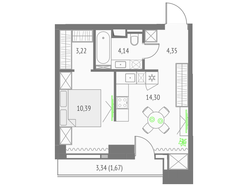 Студия 36,4 м²