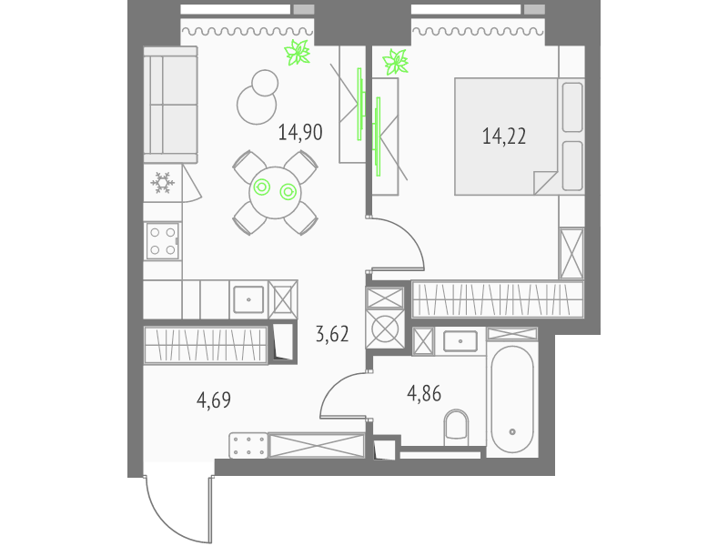 2 ккв (Евро) 42,3 м²