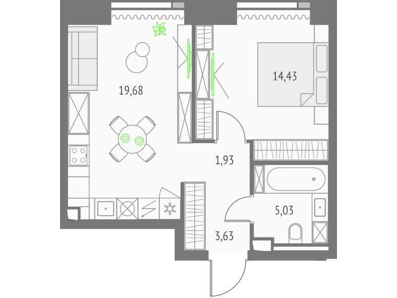 2 ккв (Евро) 44,7 м²