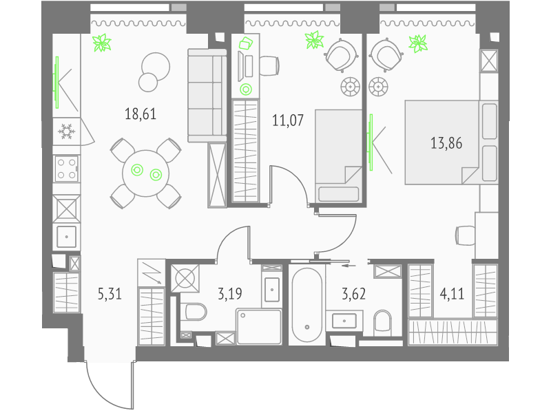 3 ккв (Евро) 63,6 м²