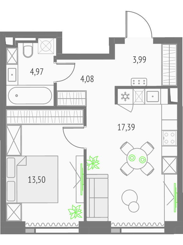 2 ккв (Евро) 43,9 м²