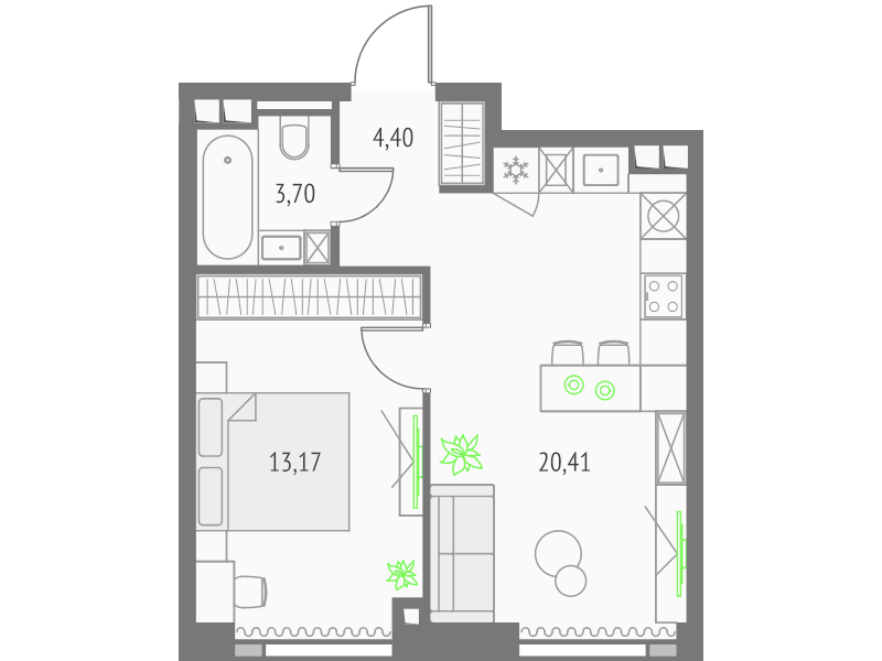 2 ккв (Евро) 41,7 м²