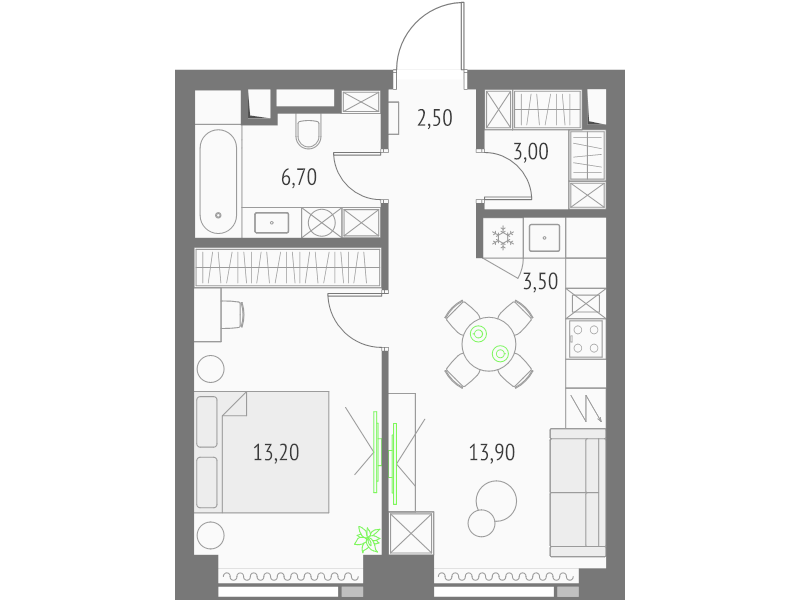 2 ккв (Евро) 42,8 м²