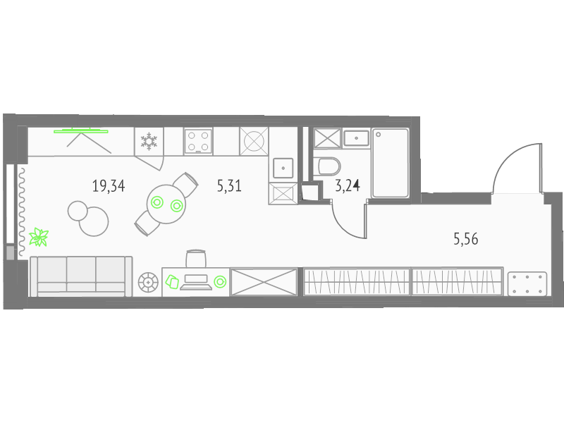 Студия 33,4 м²