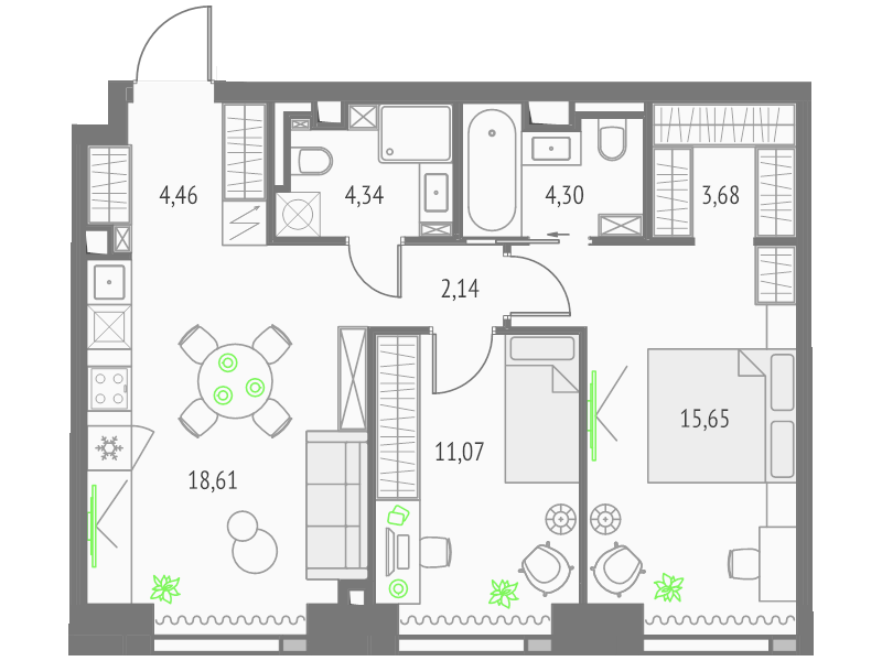 3 ккв (Евро) 64,2 м²