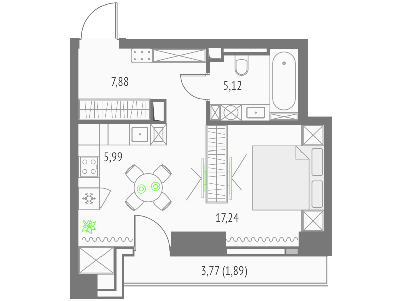 Студия 38,1 м²