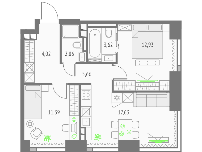 3 ккв (Евро) 58,1 м²
