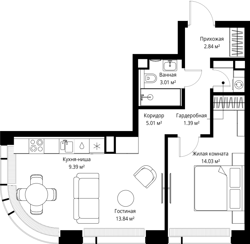2 ккв (Евро) 49,5 м²