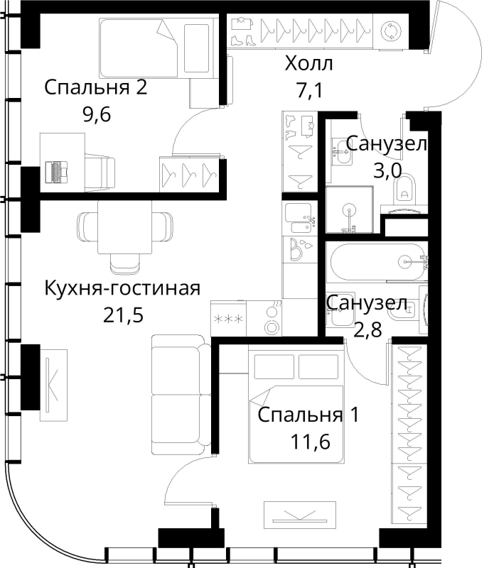 3 ккв (Евро) 55,6 м²