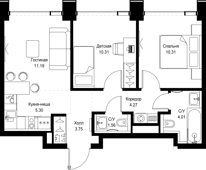 3 ккв (Евро) 50,7 м²