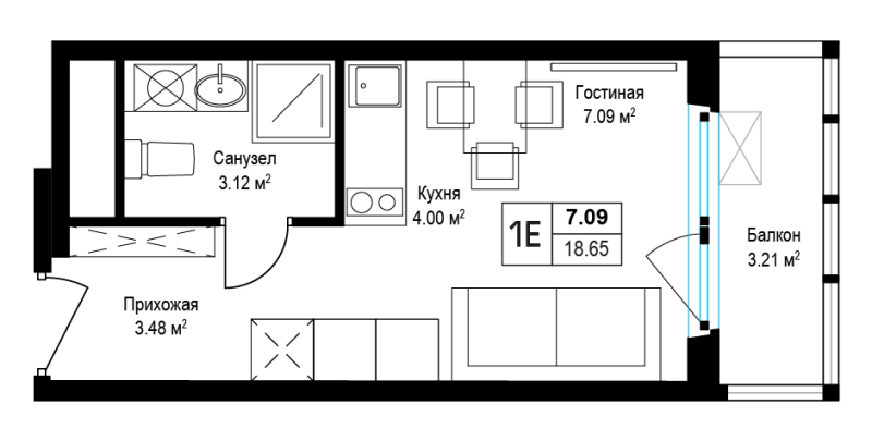 Студия 18,9 м²
