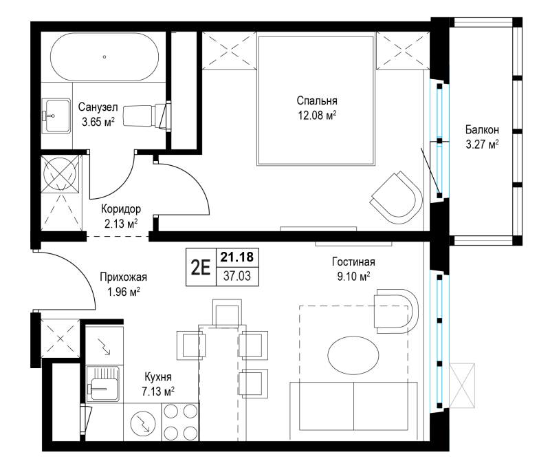 2 ккв (Евро) 36,9 м²